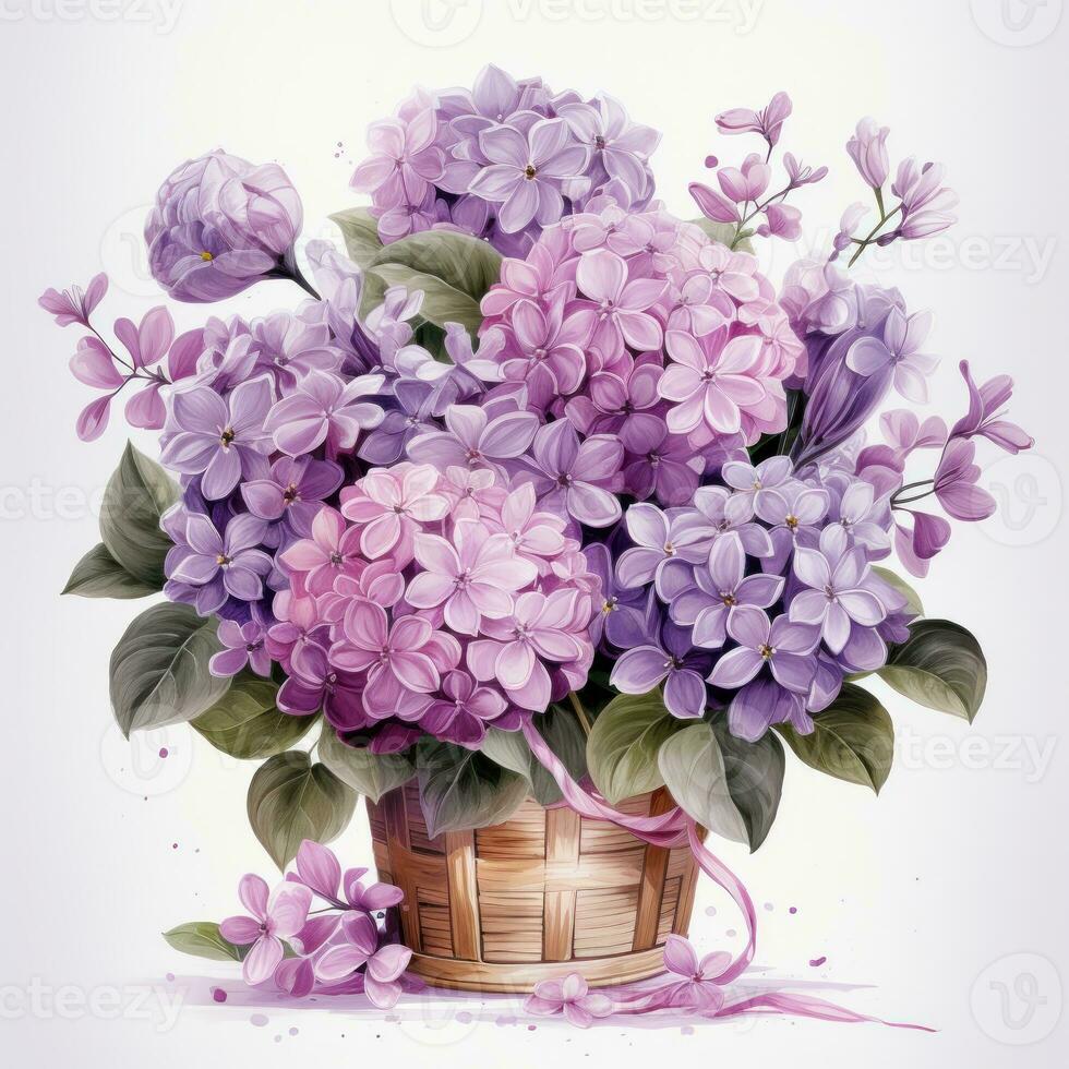 Watercolor lilac flowers bouquet isolated photo