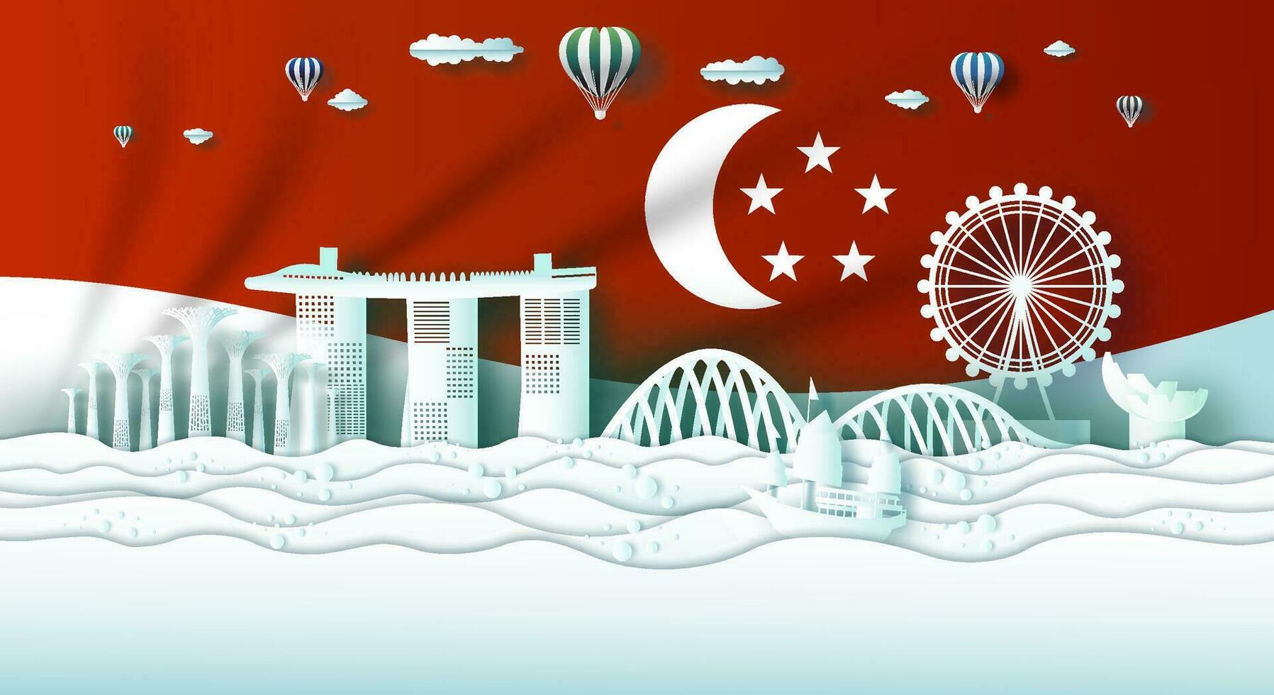 Travel Singapore top world famous modern city and central architecture. vector