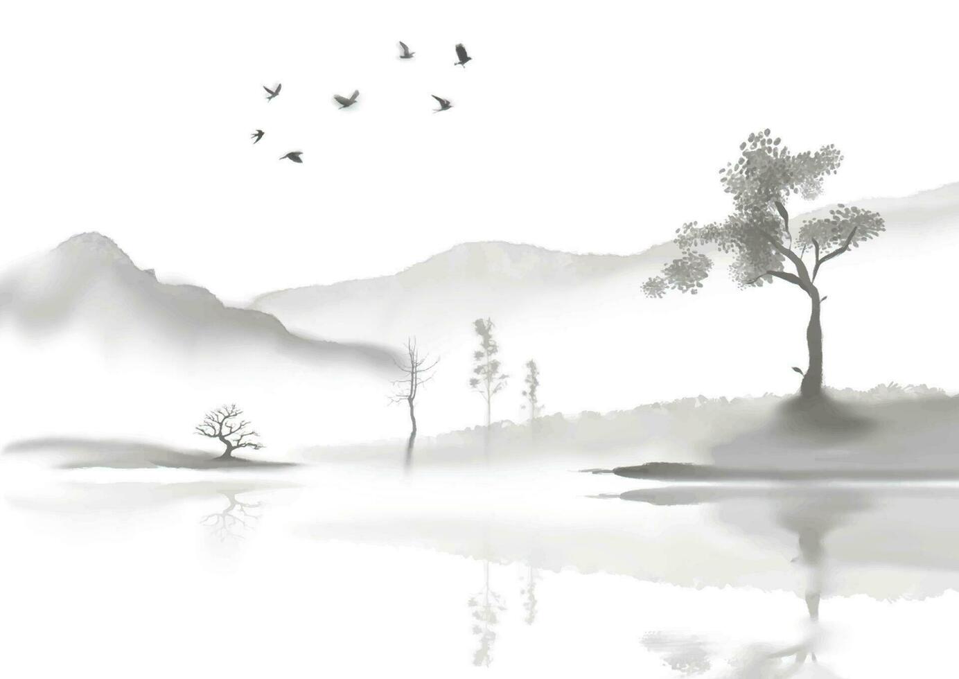 Hand painted japanese styled watercolour landscape background vector