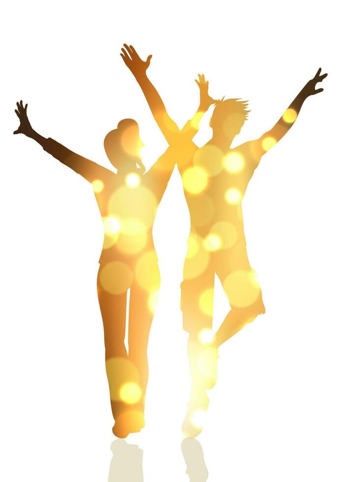 silhouettes of a party couple with a gold bokeh lights design vector