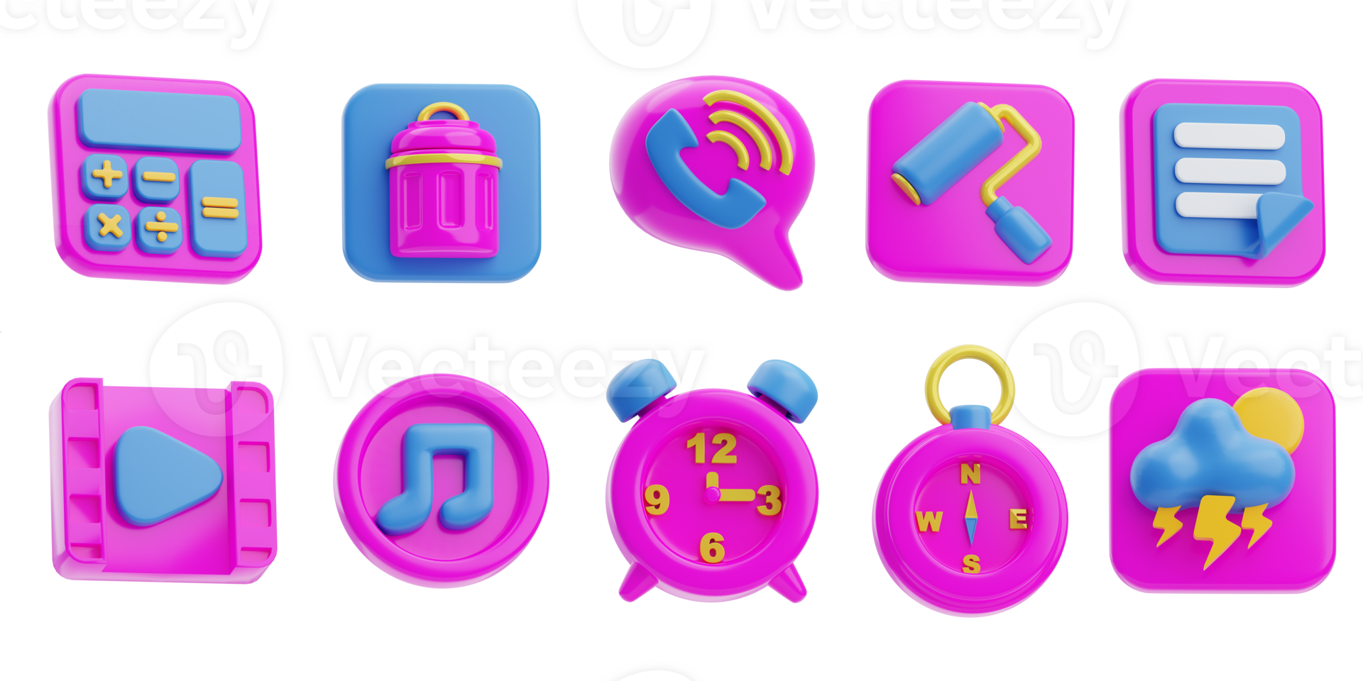 Set of 3d rendering user interface icons for web and mobile applications. Icon calculator, trash, phone call, theme, notes, video player, music player, clock, compass, weather png