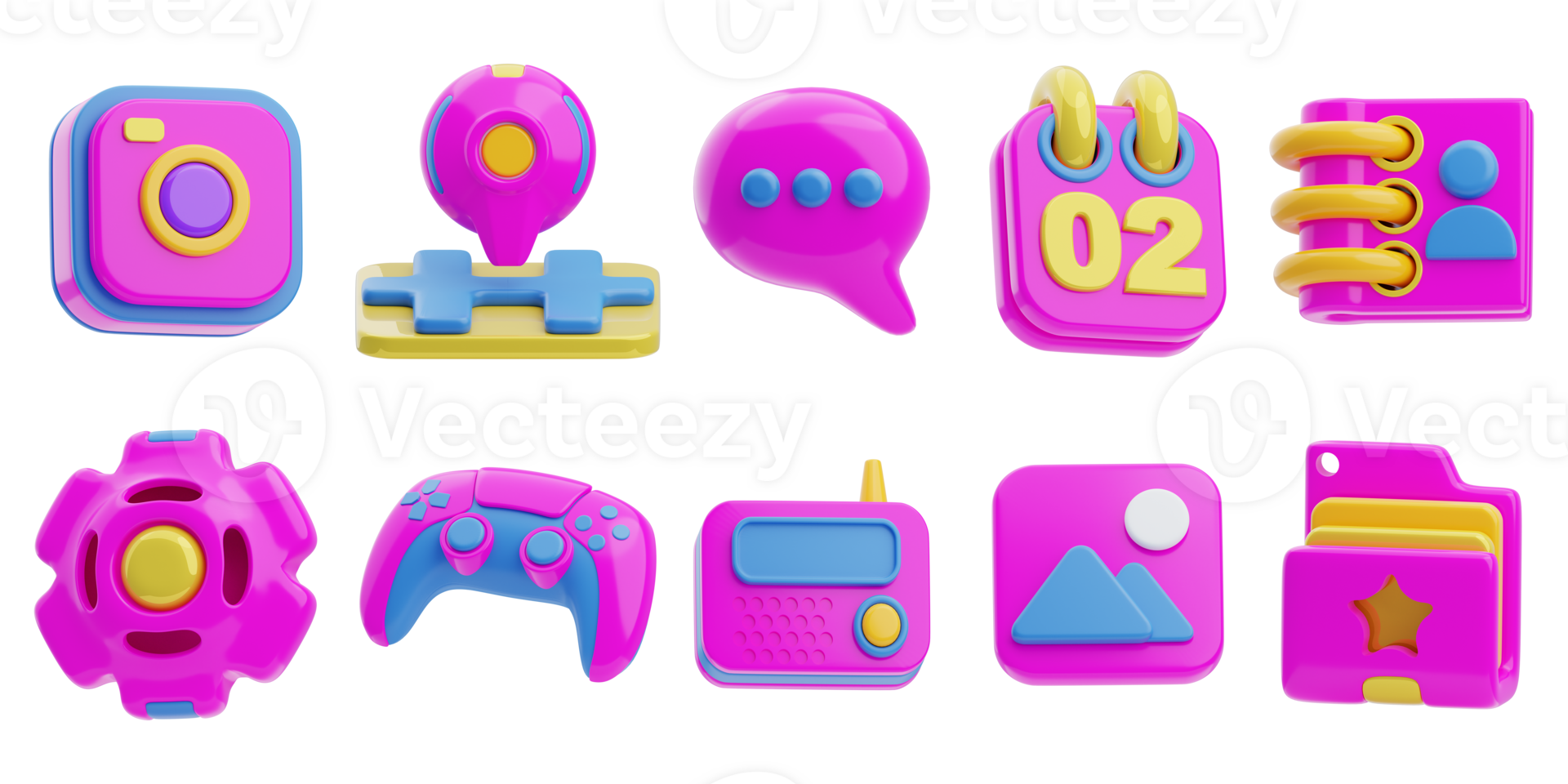 Set of 3d rendering user interface icons for web and mobile applications. Camera icon, settings, game, location, messaging, calendar, gallery, contact book, file folder. png