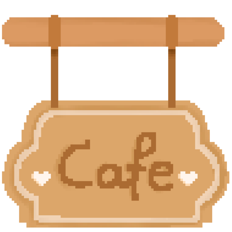 Cute wooden cafe signboard in pixel art png