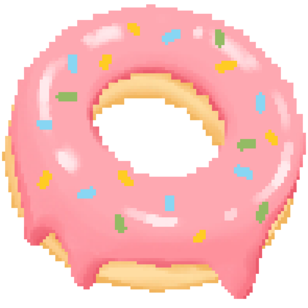 Cute strawberry doughnut with rainbow topping icing in pixel art png