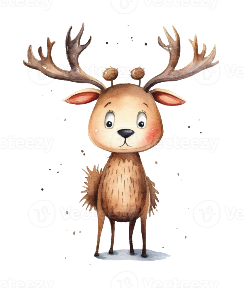 Cute New Year and Christmas Brown Reindeer, Watercolor Illustration Drawing on Transparent Background for Festive Greeting Cards and Decorations, png