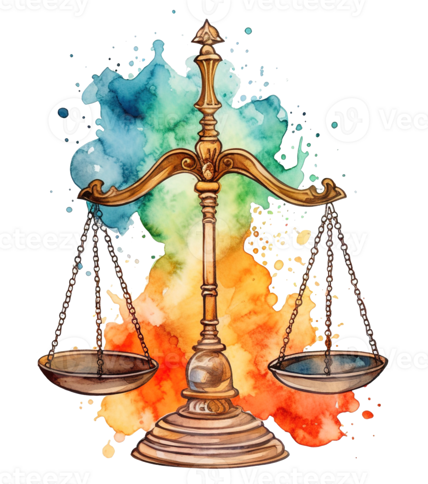 symbolisch gerechtigheid, waterverf illustratie van schaal van gerechtigheid, wettelijk gerechtigheid concept, ai generatief png