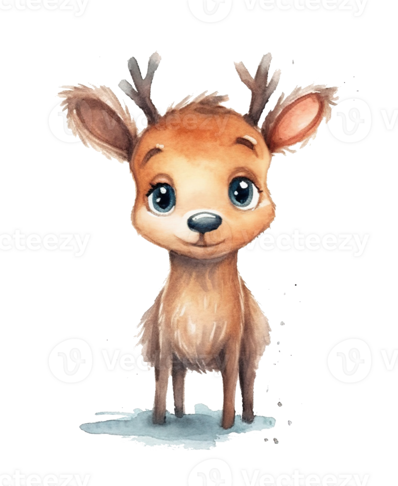 Cute New Year and Christmas Brown Reindeer, Watercolor Illustration Drawing on Transparent Background for Festive Greeting Cards and Decorations, png
