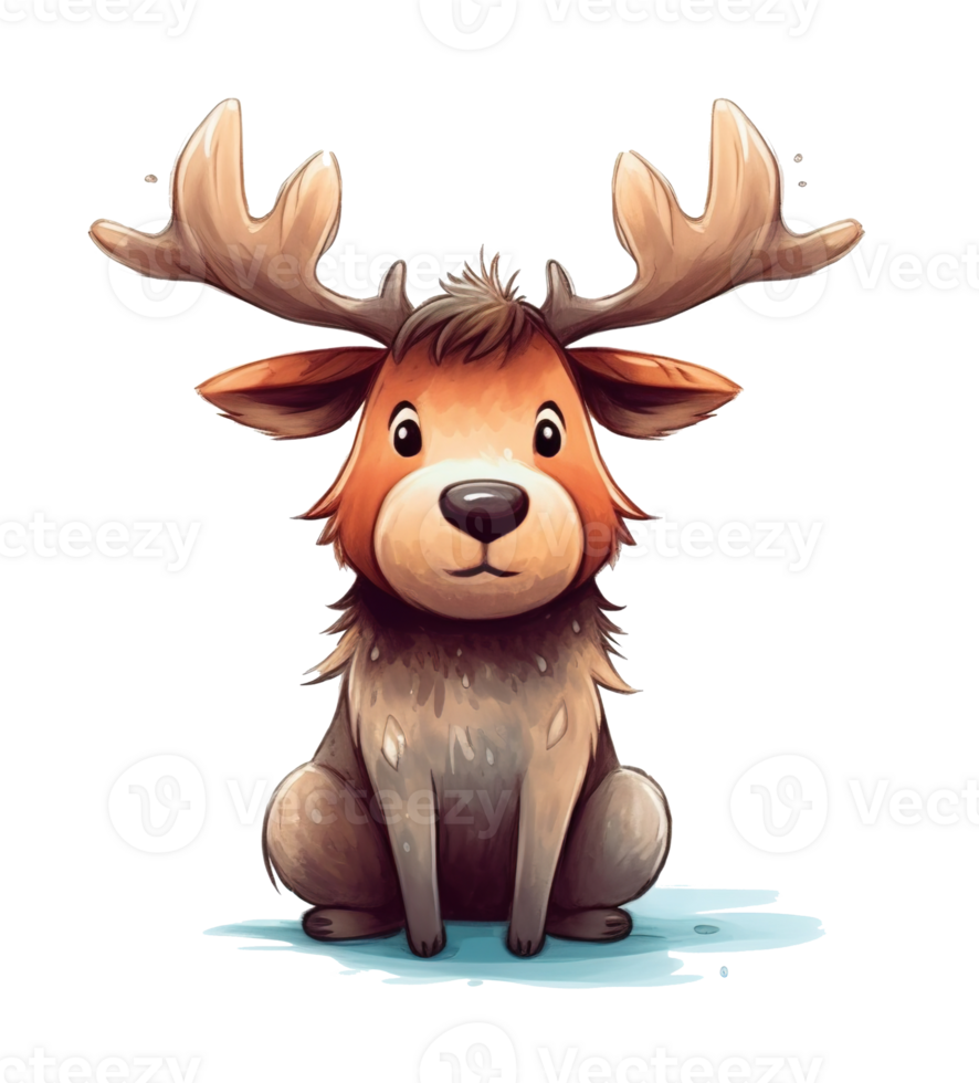 Cute New Year and Christmas Brown Reindeer, Watercolor Illustration Drawing on Transparent Background for Festive Greeting Cards and Decorations, png