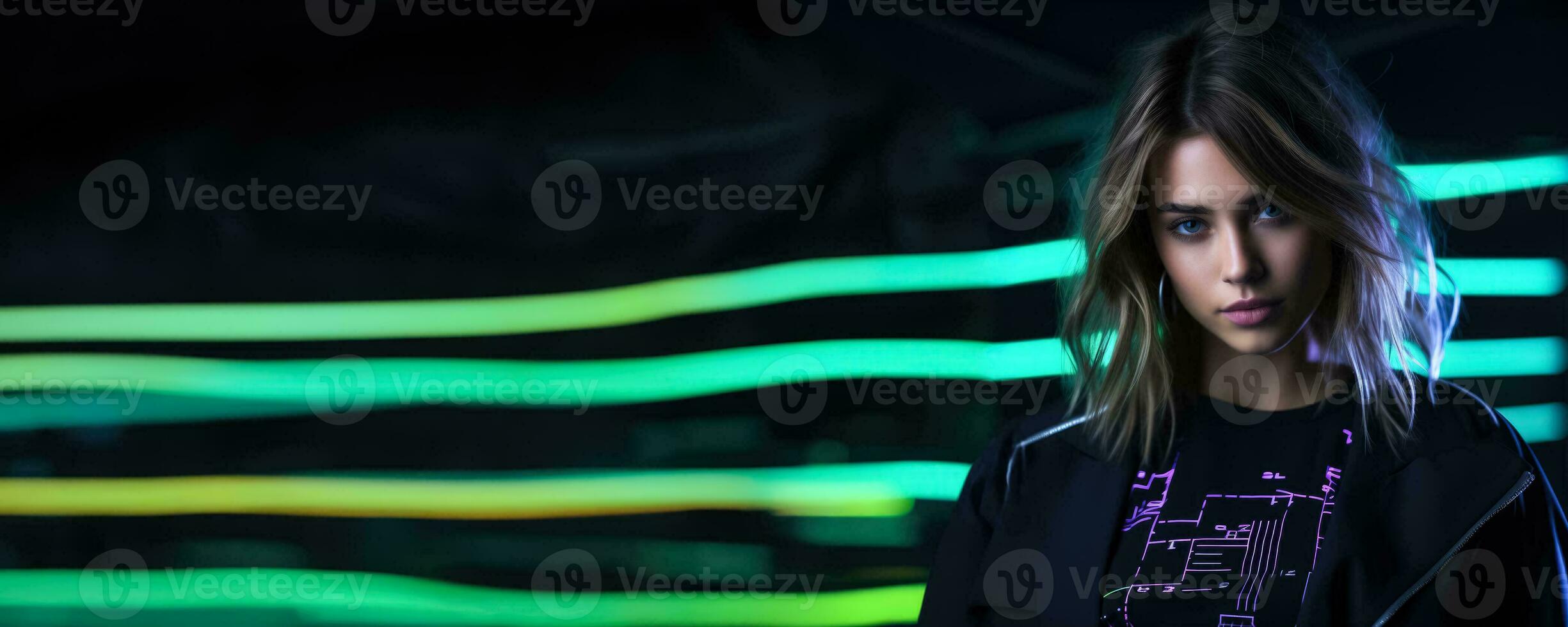 Portrait of young woman in neon on dark studio background cyber monday concept background with empty space for text photo