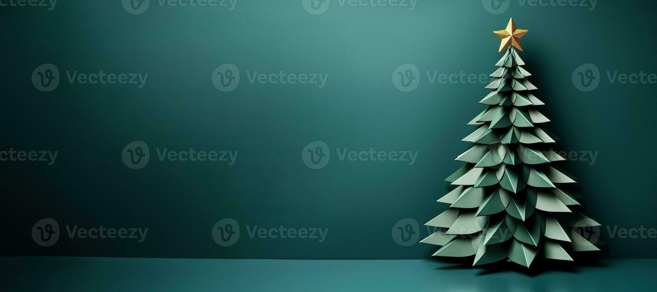 Christmas tree in art style isolated on dark green background with gold photo