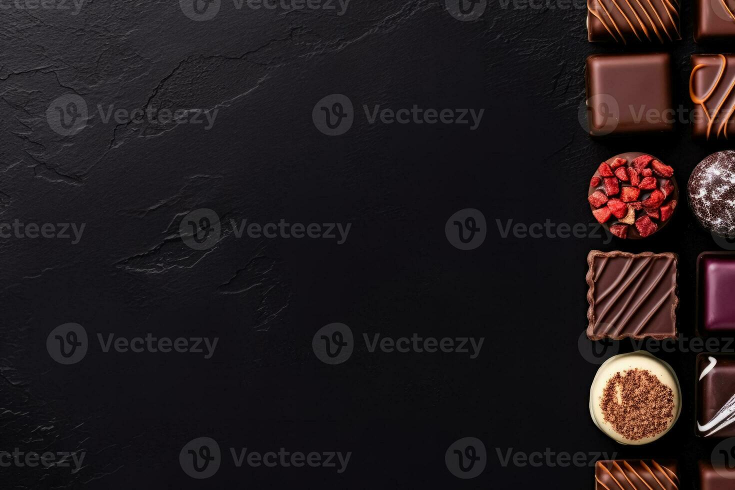 Delicious Chocolate Pralines dark background with empty space for text photo