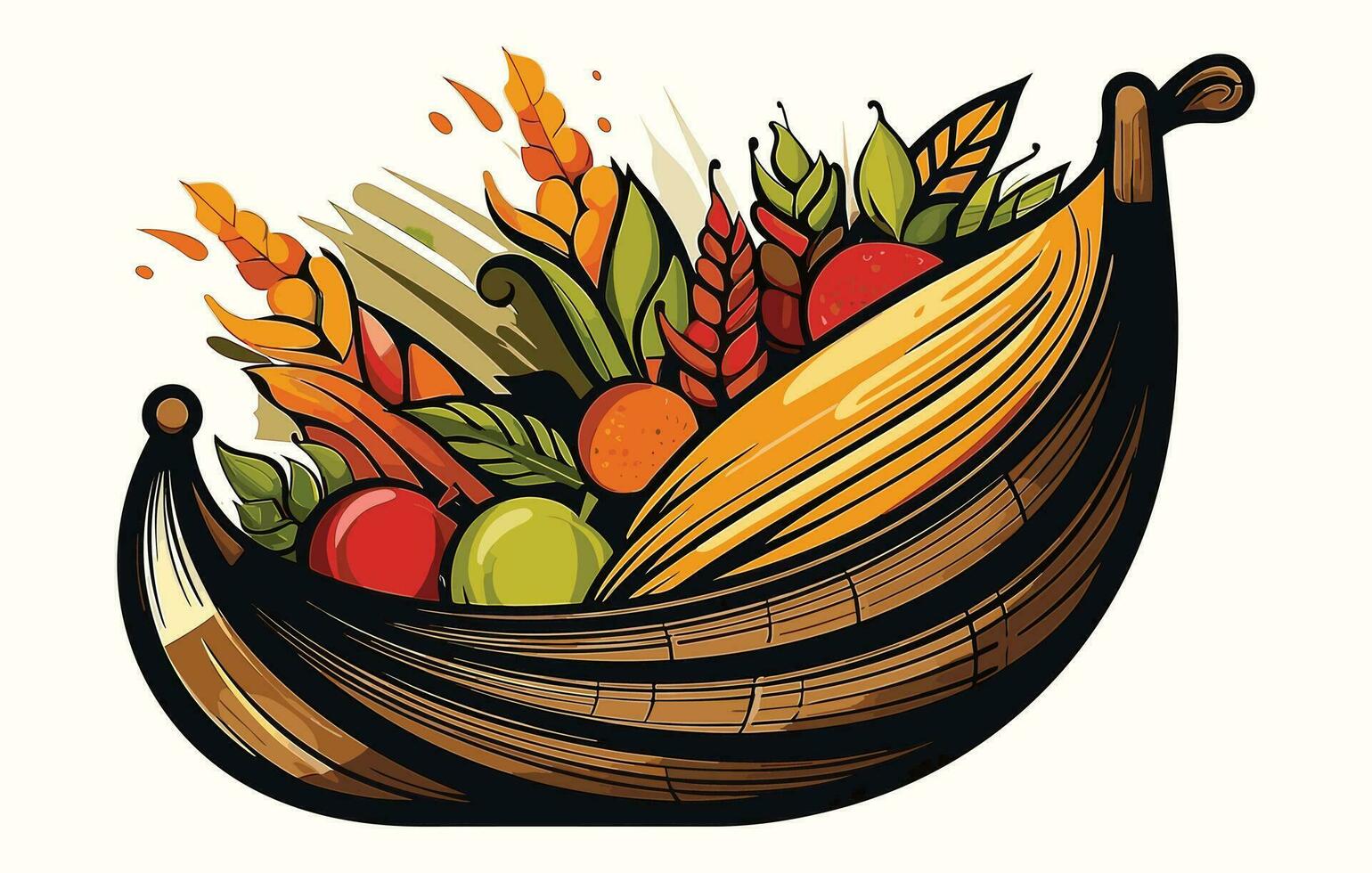 Vector cornucopia icon. Fruit and vegetable arrangement, Autumn cornucopia with pumpkins. Vector illustration