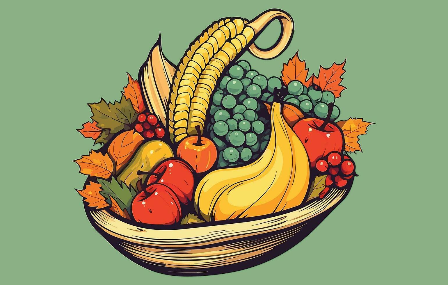 Vector cornucopia icon. Fruit and vegetable arrangement, Autumn cornucopia with pumpkins. Vector illustration