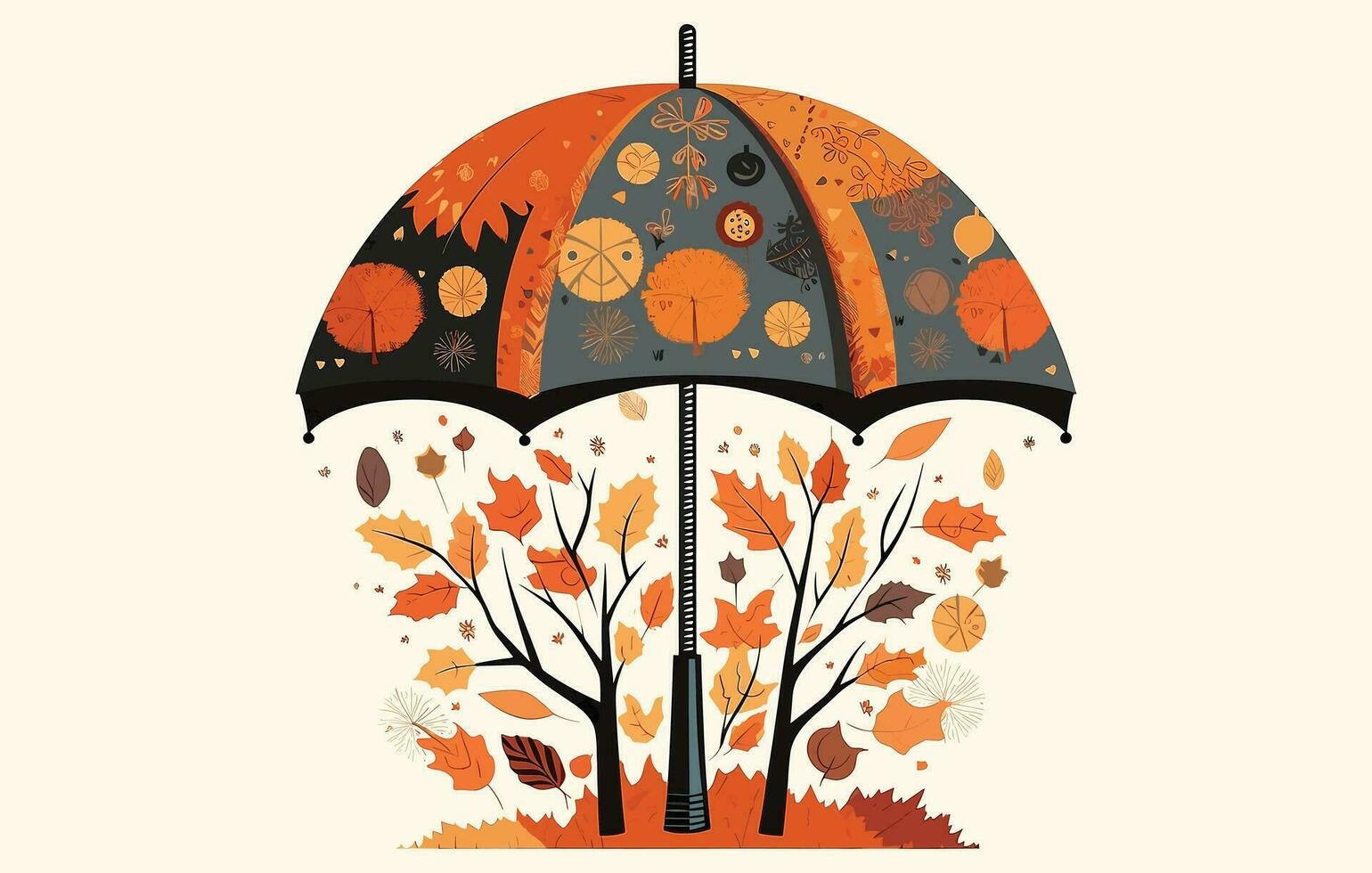 otoño paraguas vector ilustración, otoño caer, hojas de roble, castaña, color avellana en un paraguas con el inscripción Hola otoño