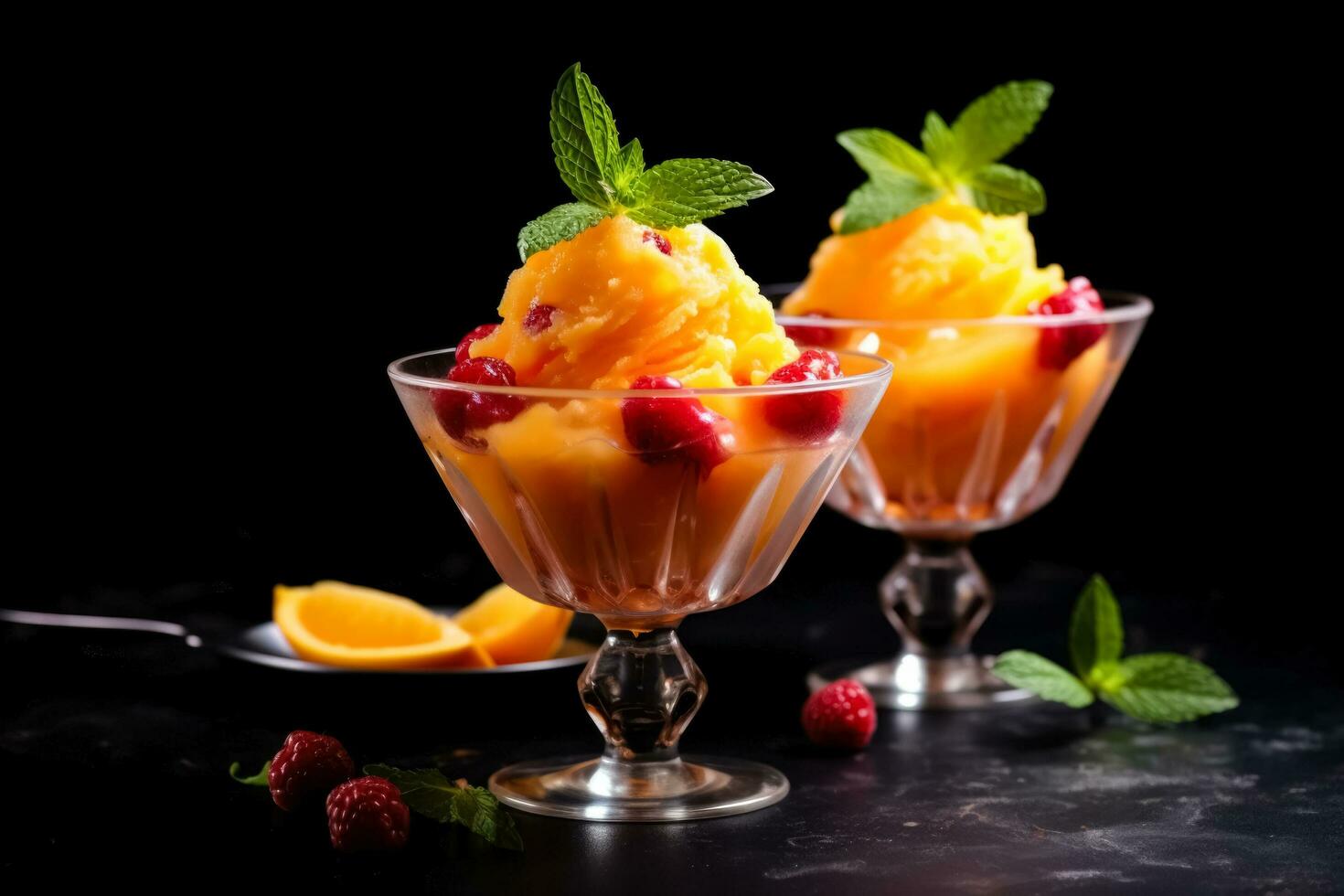 Delicious Peach Melba dark background with empty space for text photo