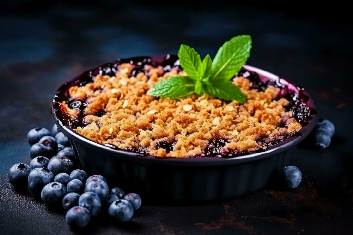 Delicious Blueberry Crumble dark background with empty space for text photo