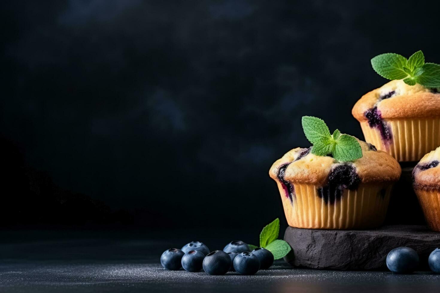 Delicious Blueberry Muffins dark background with empty space for text photo