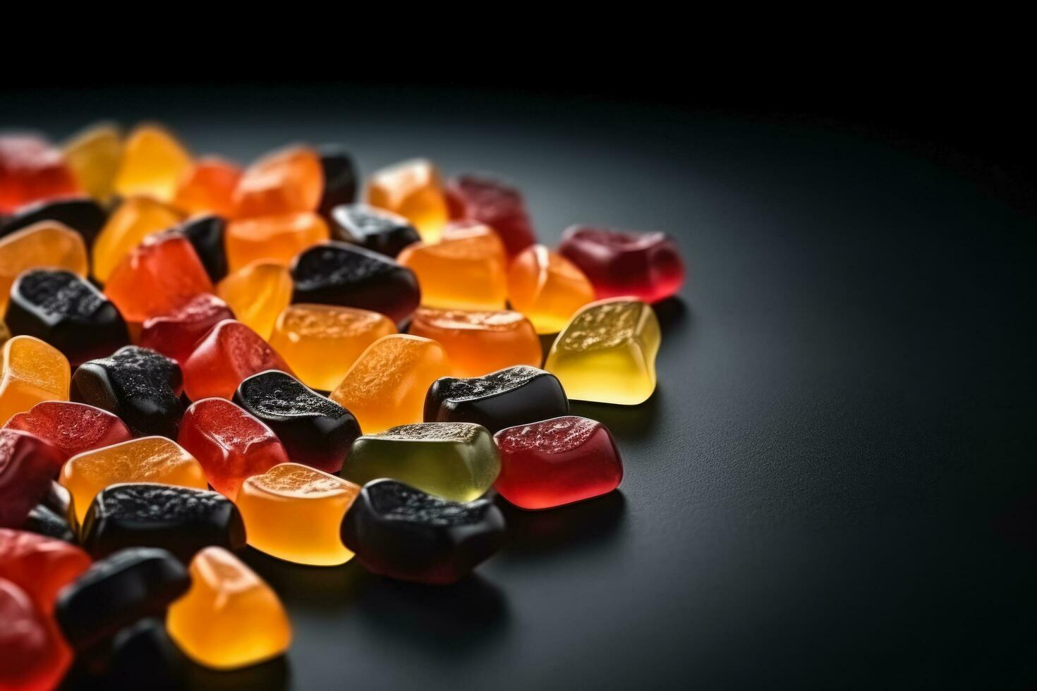 Delicious gummies dark background with empty space for text photo