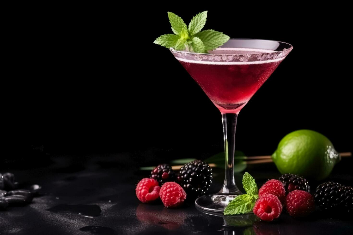 Ideal bramble cocktail dark background with empty space for text photo