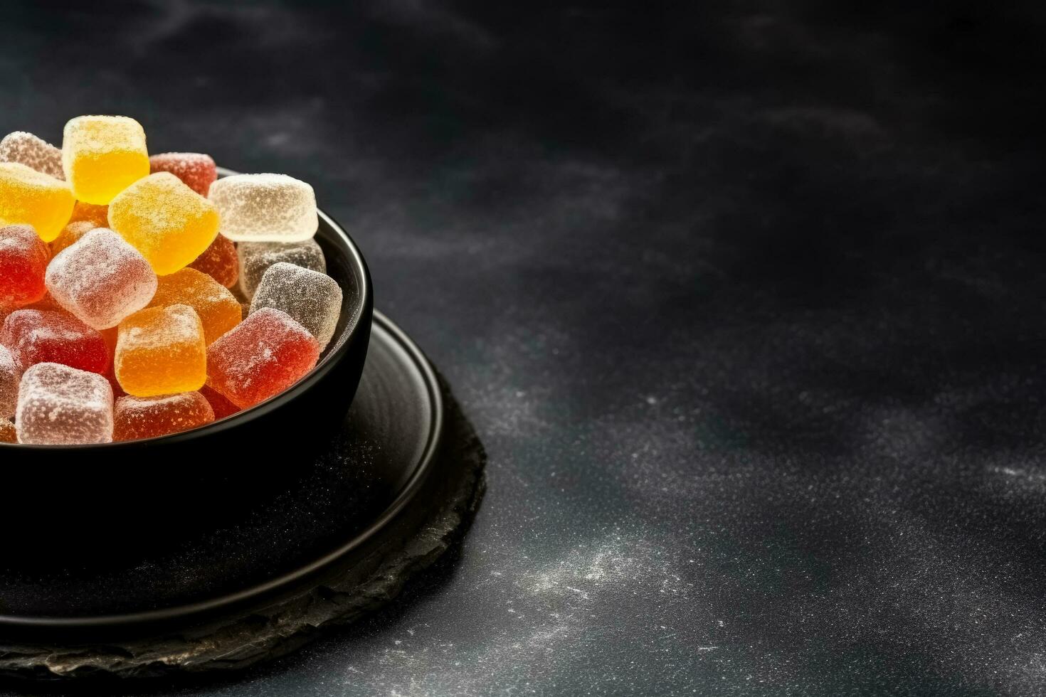 Delicious gumdrops dark background with empty space for text photo