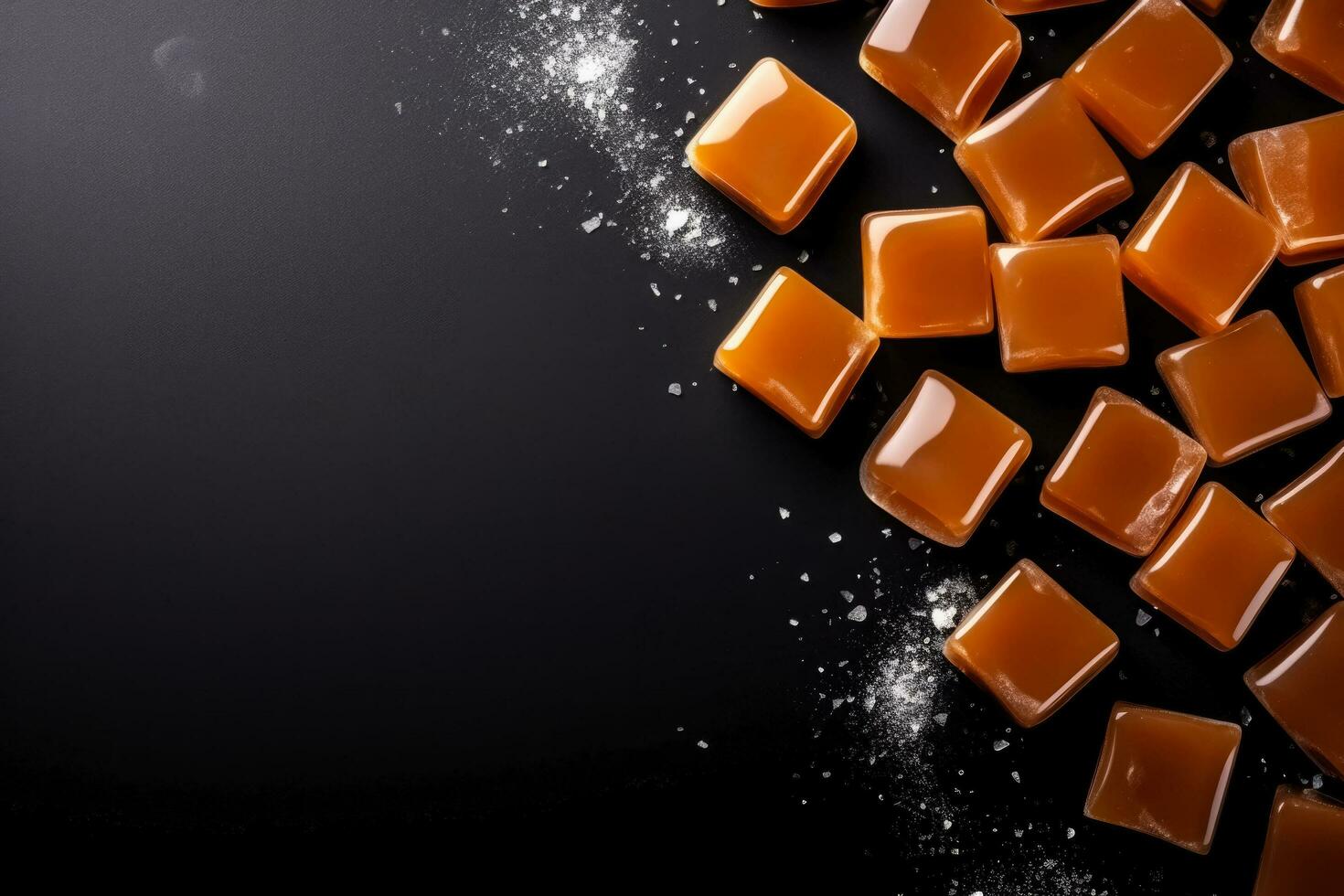 Delicious caramels dark background with empty space for text photo