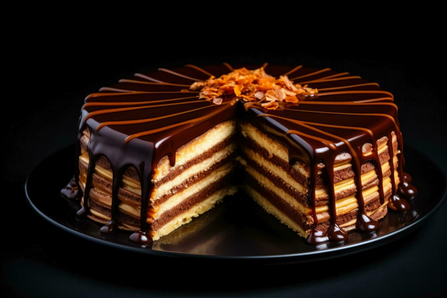 Delicious Dobos Torte dark background with empty space for text photo