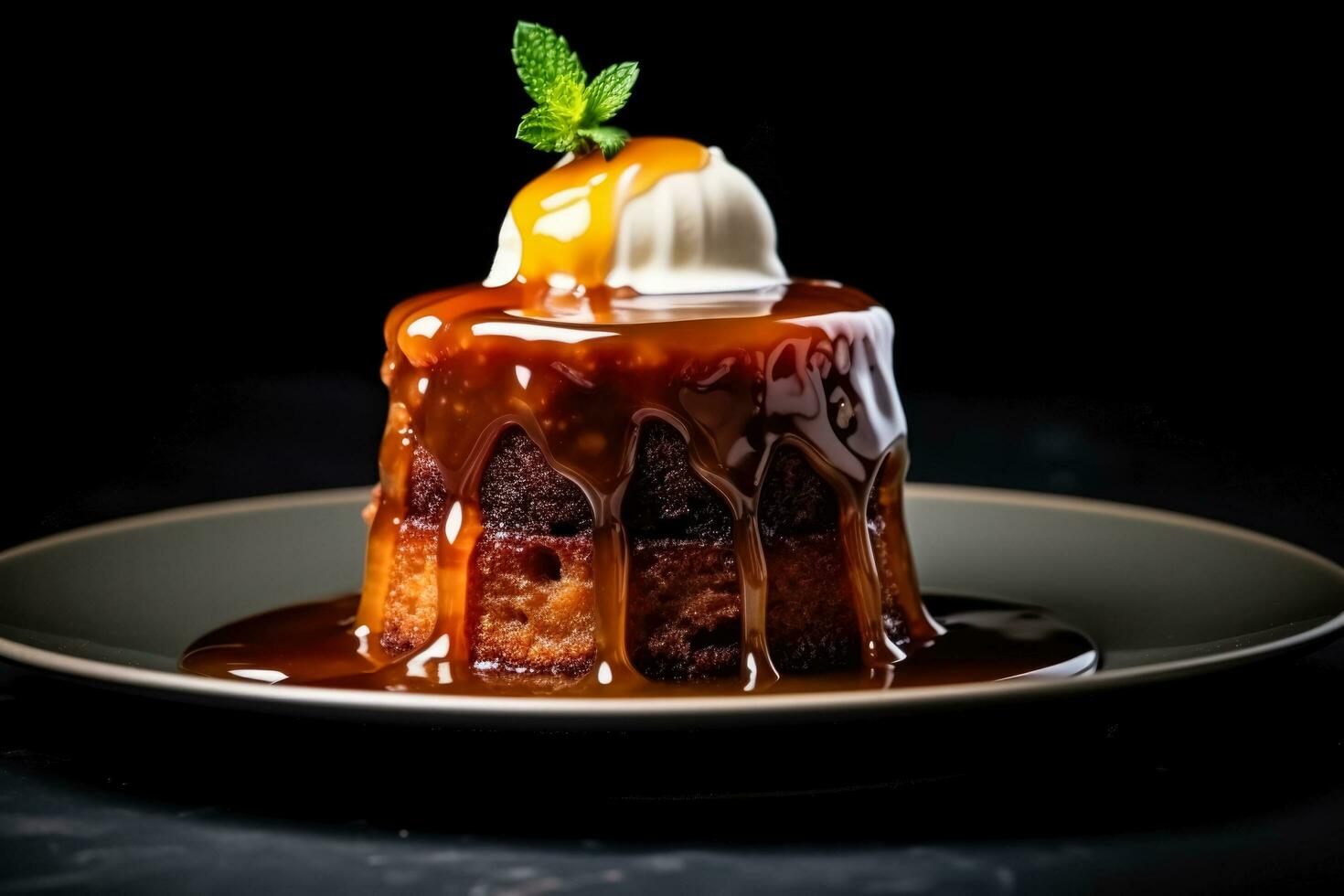 Delicious sticky toffee pudding dark background with empty space for text photo