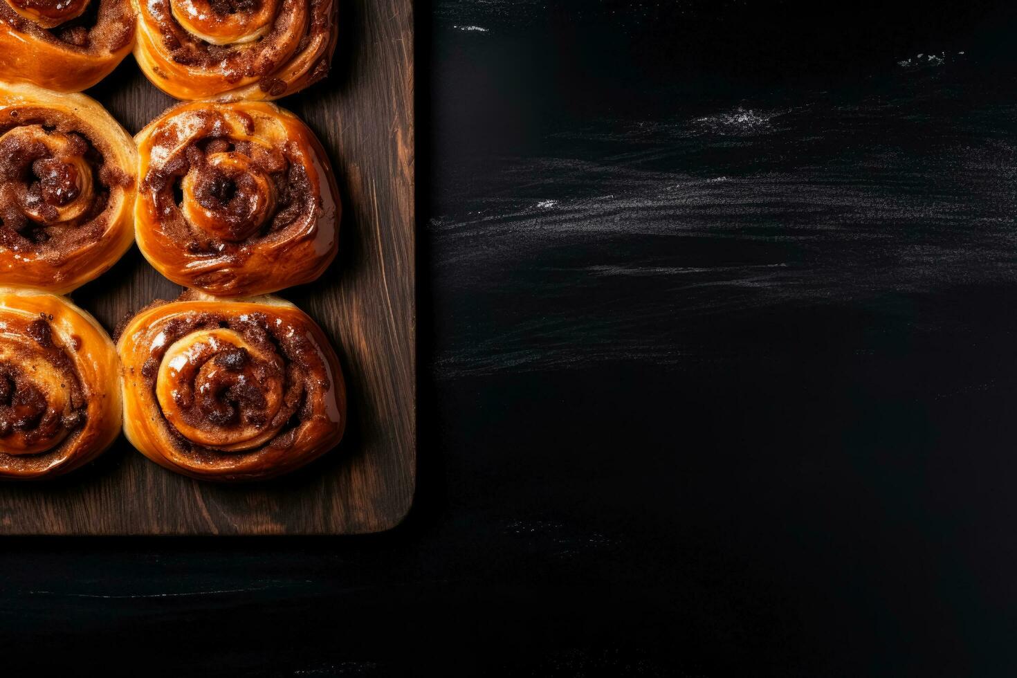 Delicious cinnamon rolls dark background with empty space for text photo