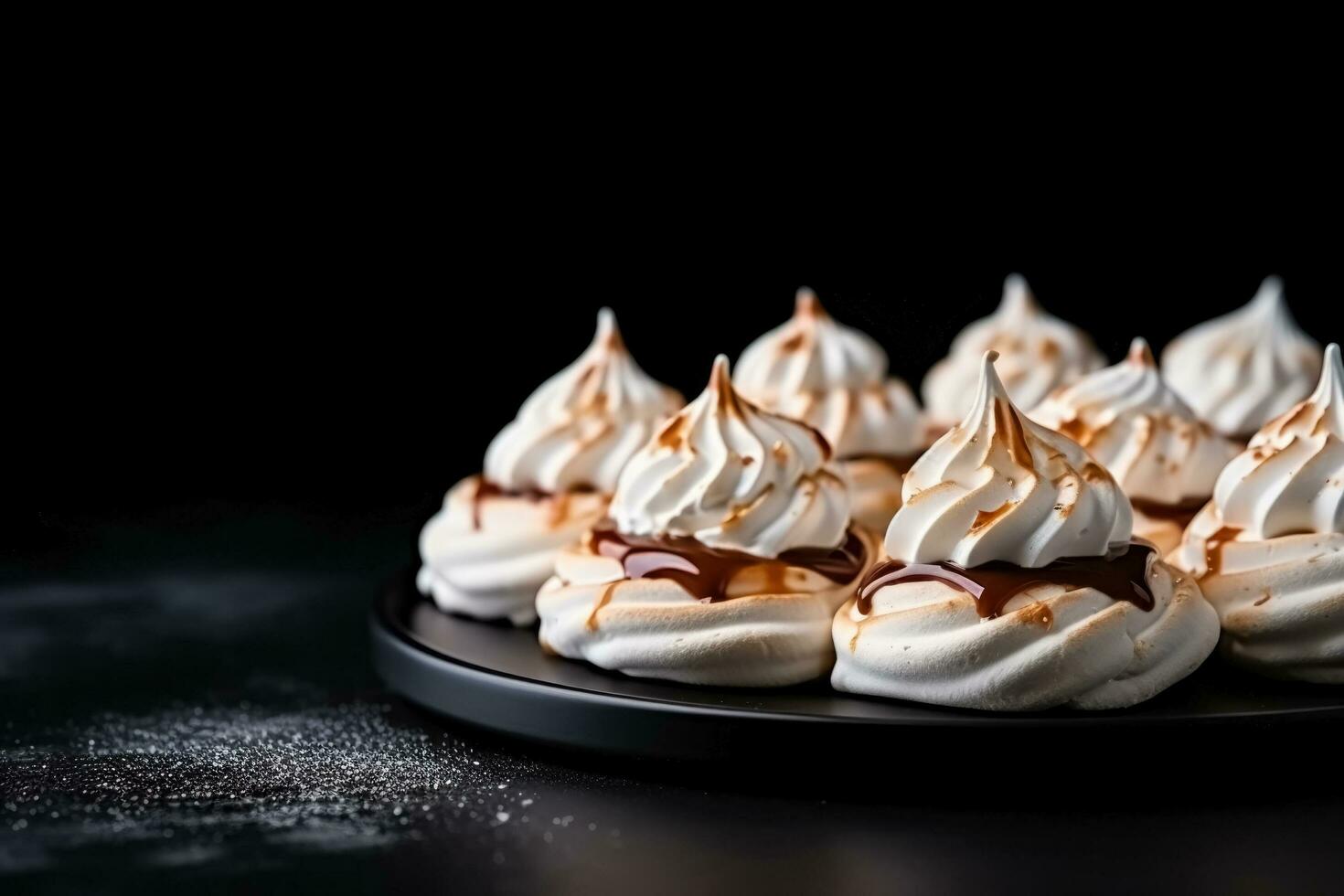 Delicious Meringues with Double Cream dark background with empty space for text photo