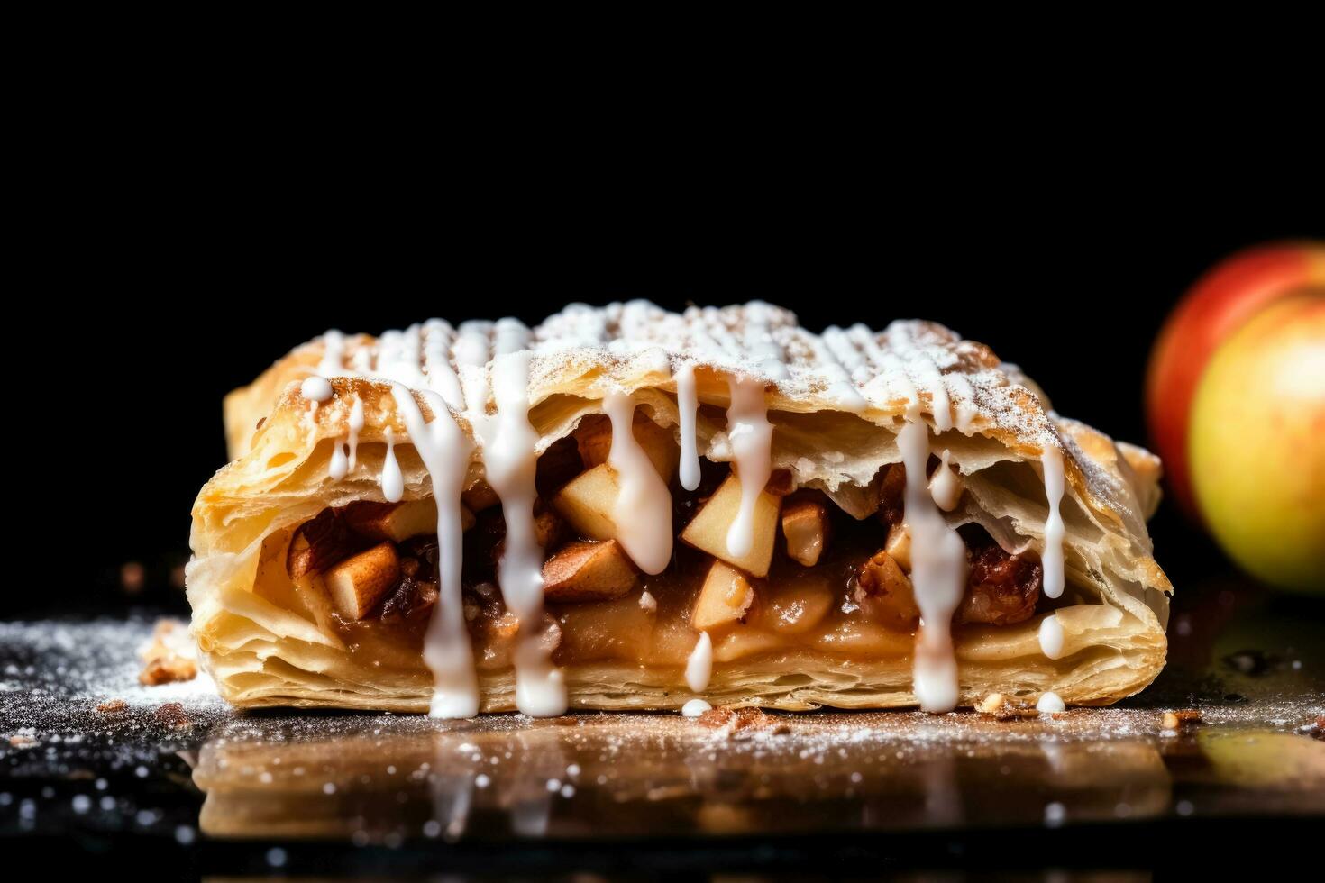 Delicious Apple Strudel dark background with empty space for text photo