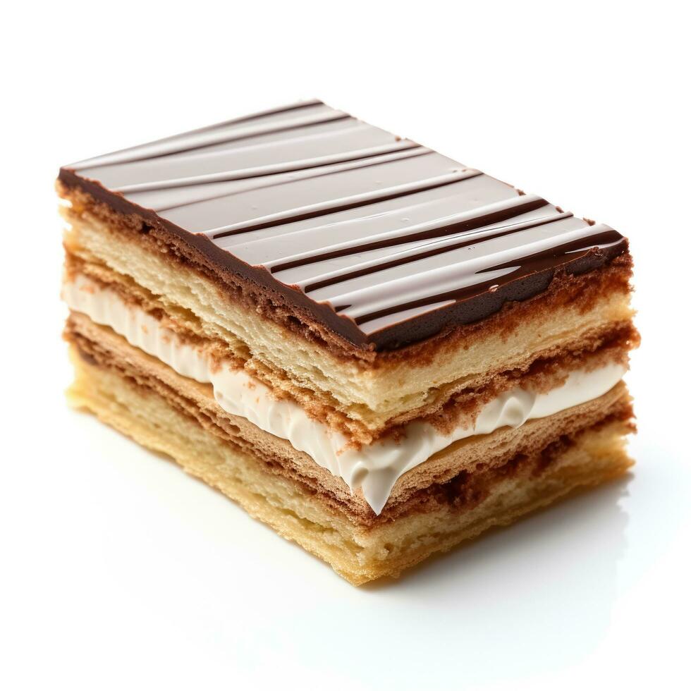 Delicious Opera Cake isolated on white background photo