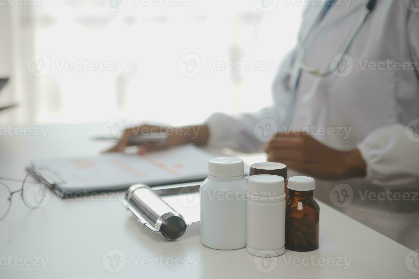 Professional lab. Amazing longhaired medical worker wearing uniform while using microscope during research photo