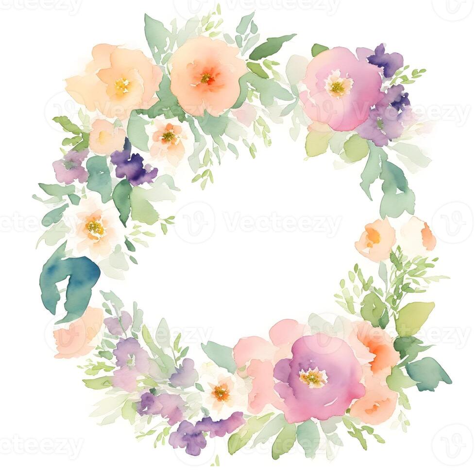 Hand drawn watercolor floral wreath. Colorful flowers on white background. photo