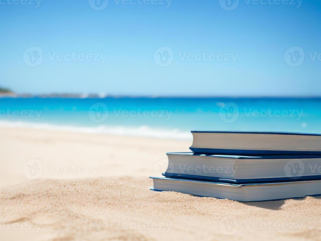 stack book on sand beach over blurred blue sea background. . photo