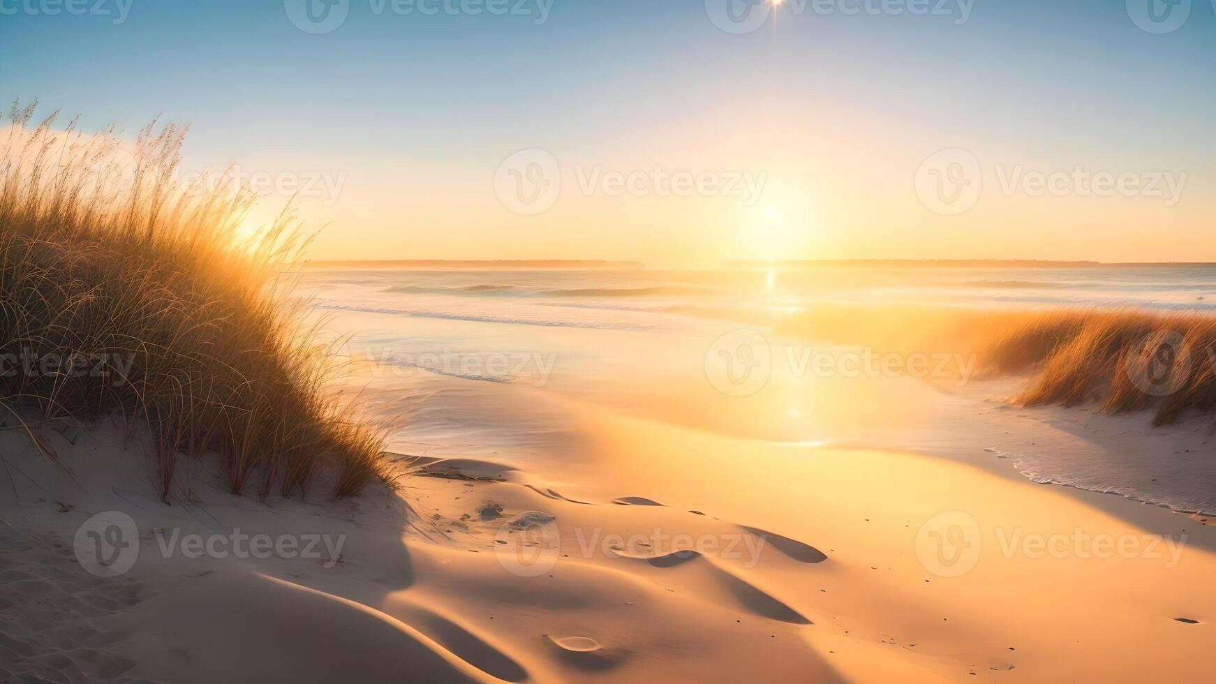 landscape of summer sand beach over sunset sky warm light background. photo