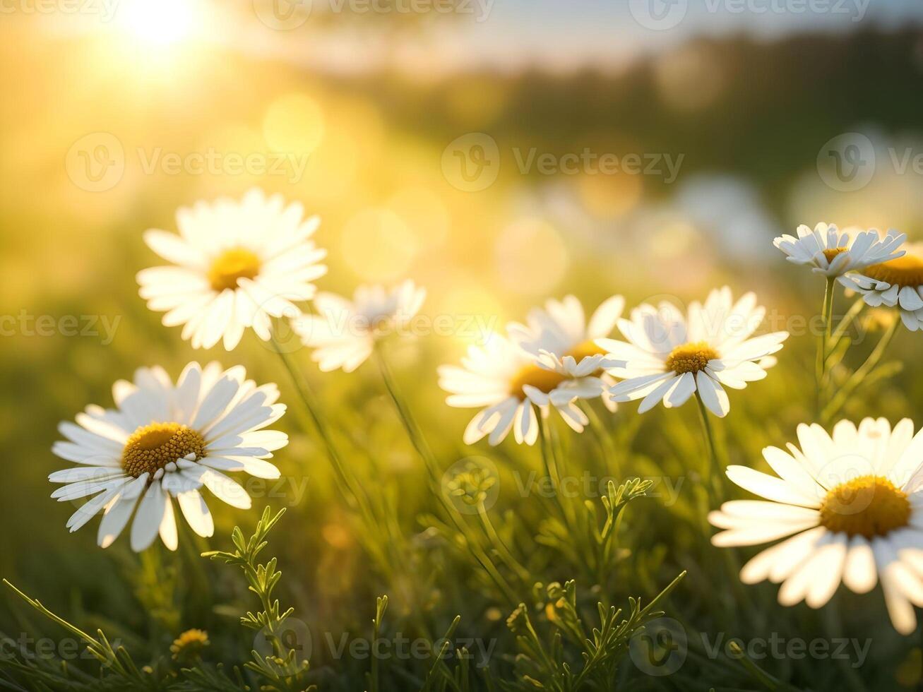 Chamomile flowers field over blurred sunset background. . photo