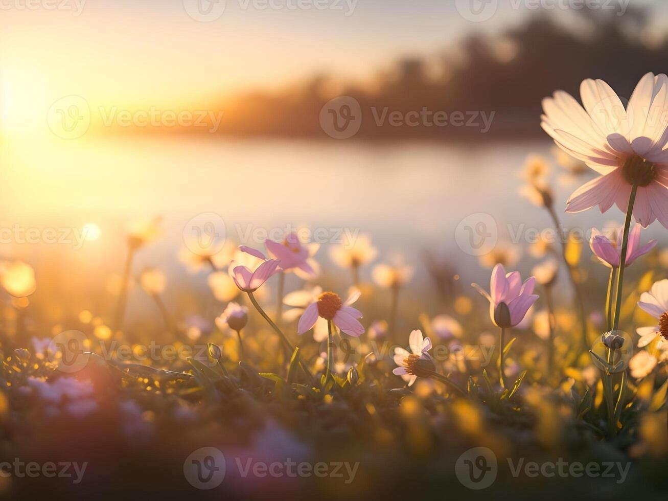 grass flowers field over blurred sunset background. . photo