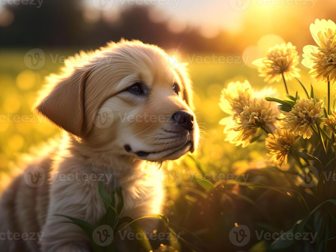 golden retriever puppy in the flowers field over blurred sunset background. . photo