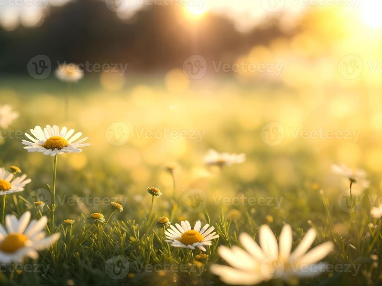 Chamomile flowers field over blurred sunset background. . photo
