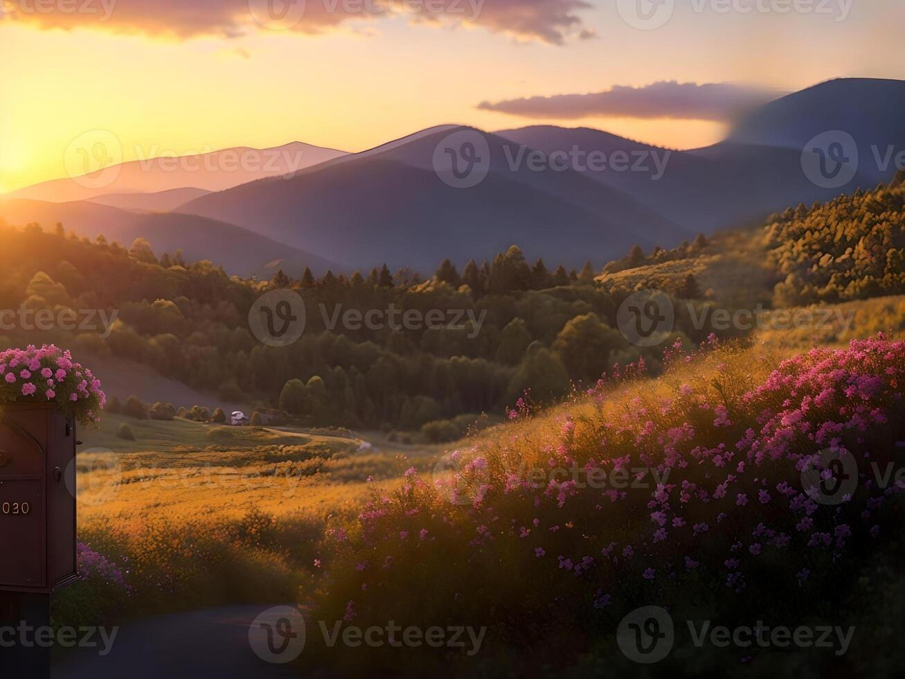 Beautiful sunset landscape with flowers field over the mountain in sunset. . photo