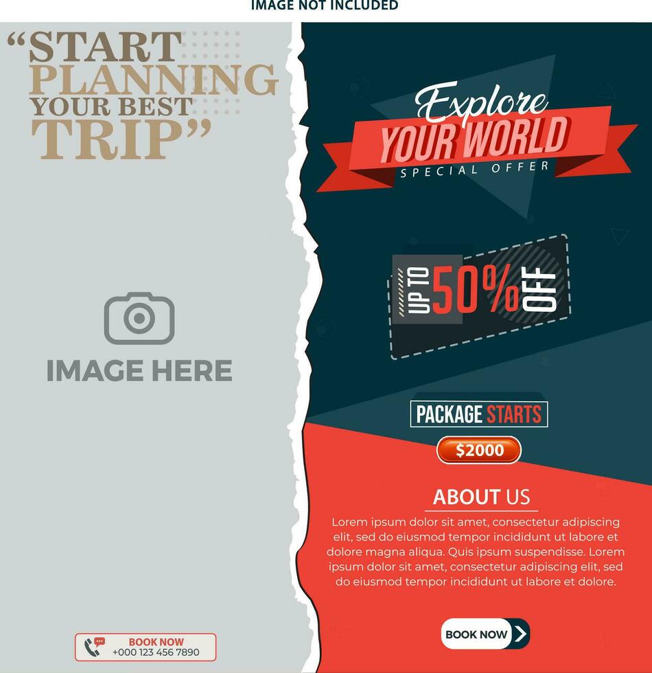 Tour and travel agency promotion banner. Travel and holiday vacation planner organization social media post. Holiday vacation discount offer template. Travel agency advertising flyer template. vector