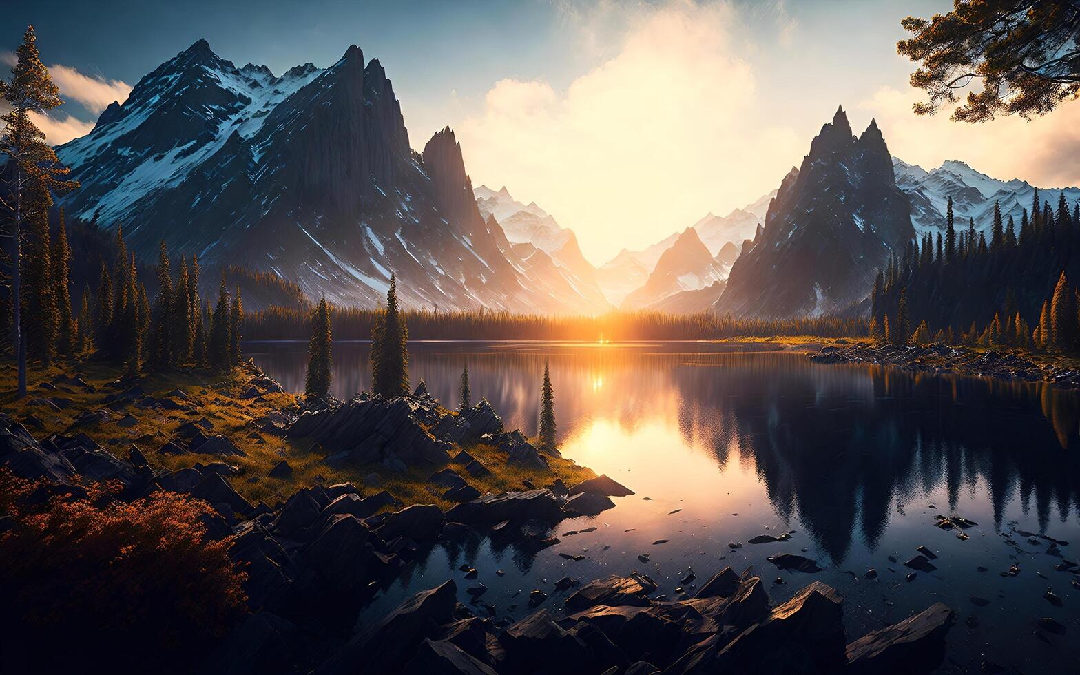 Stunning landscape river golden hour falls and mountains. photo