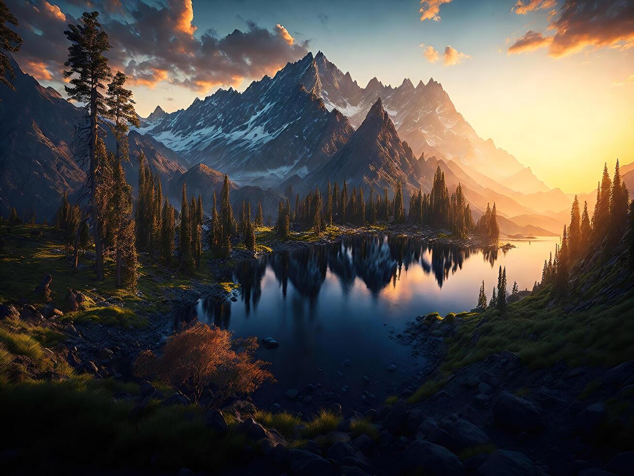 Stunning landscape river golden hour falls and mountains. photo
