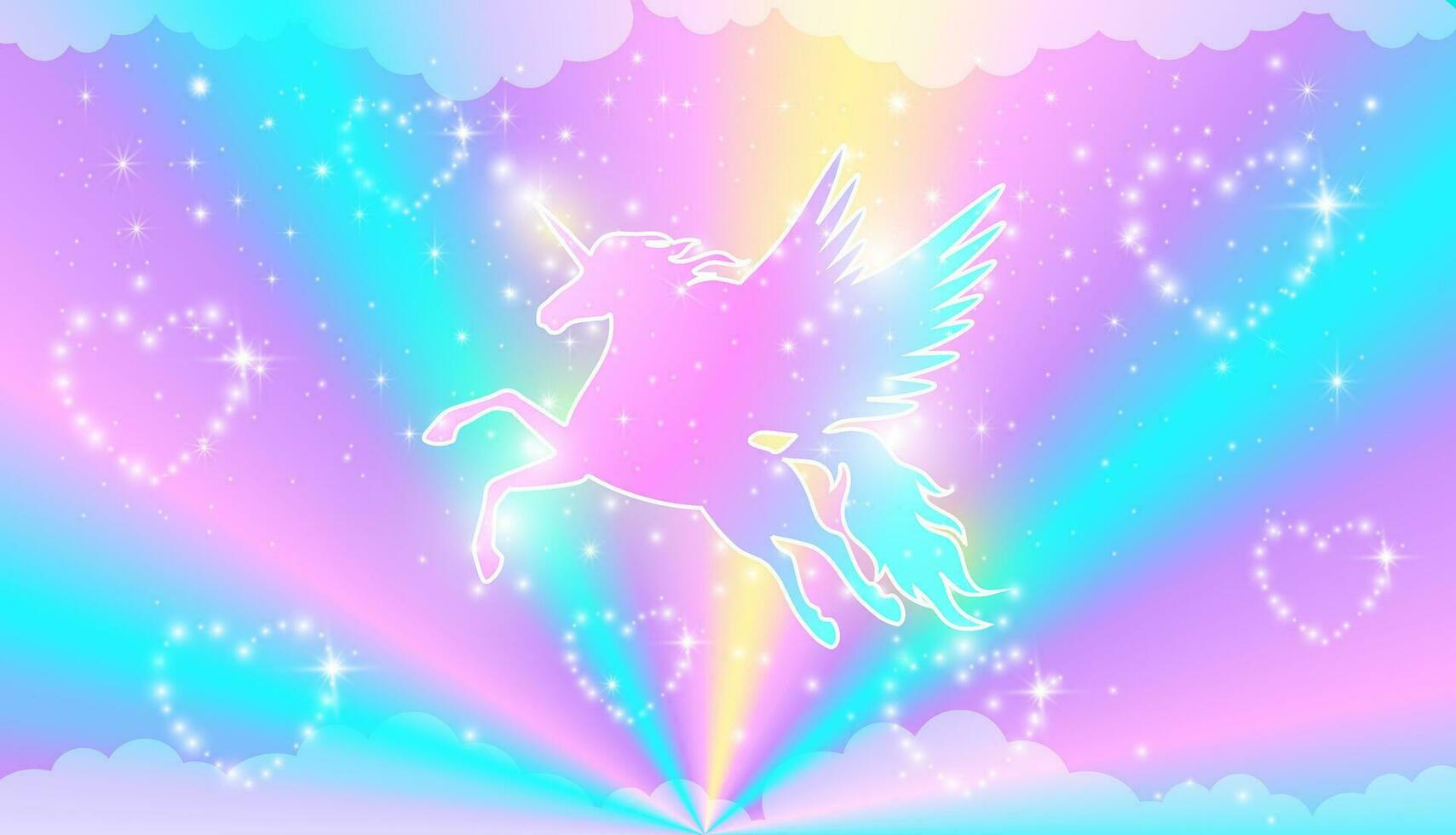 Rainbow background with winged unicorn silhouette with stars. 26518025 ...