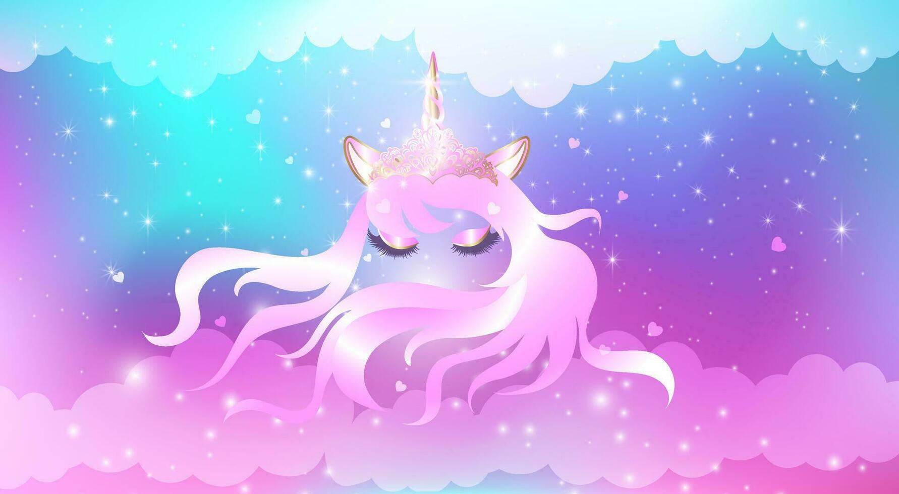 Face of a unicorn in a crown with closed eyes and a long mane on an iridescent magical night sky with sparkles and stars. vector