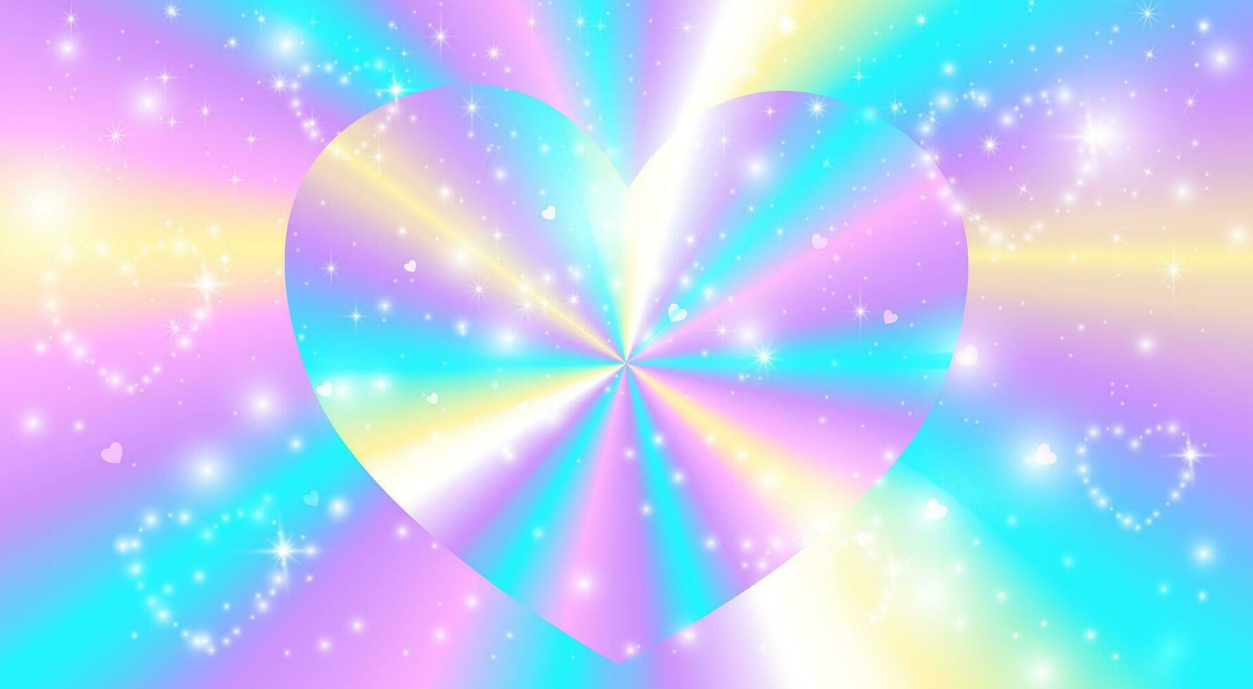 Background is iridescent with hearts and stars shimmering with iridescent rays. vector