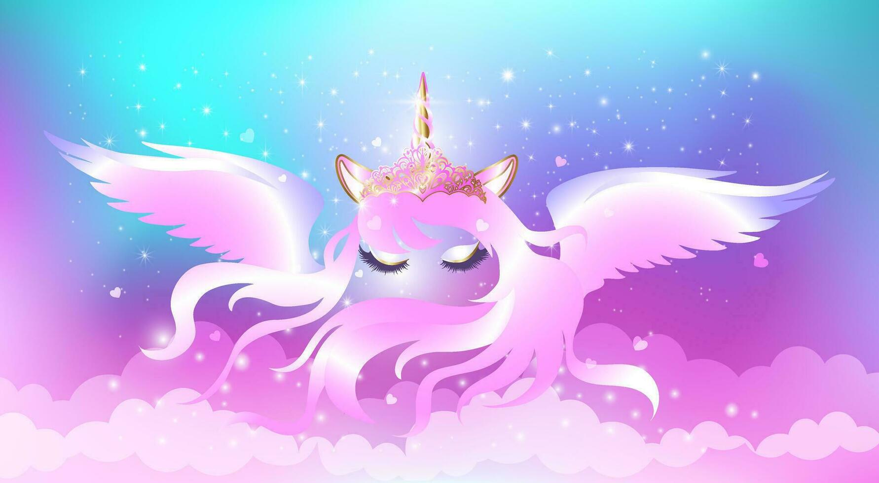 Face of a unicorn with closed eyes and a long mane on an iridescent pink-blue background with sparkles and stars. vector