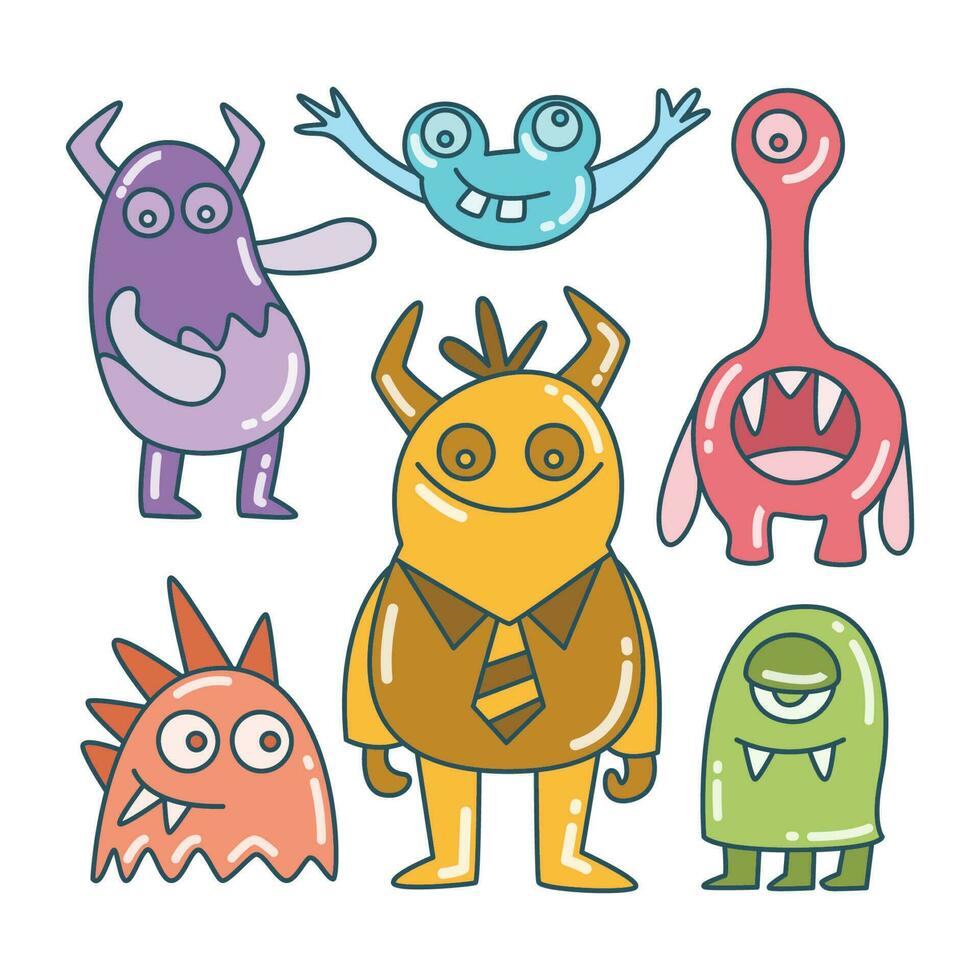 cute and funny doodle monster character color design theme vector