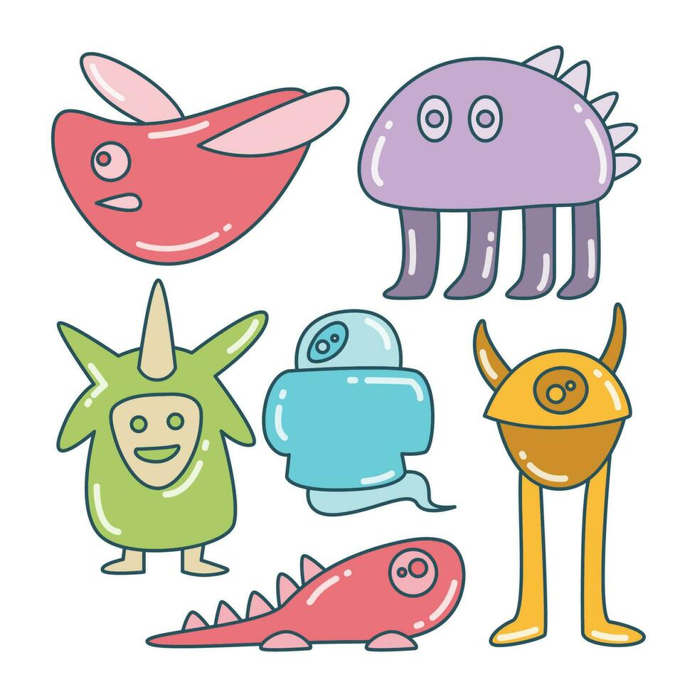 cute and funny doodle monster character color design theme vector