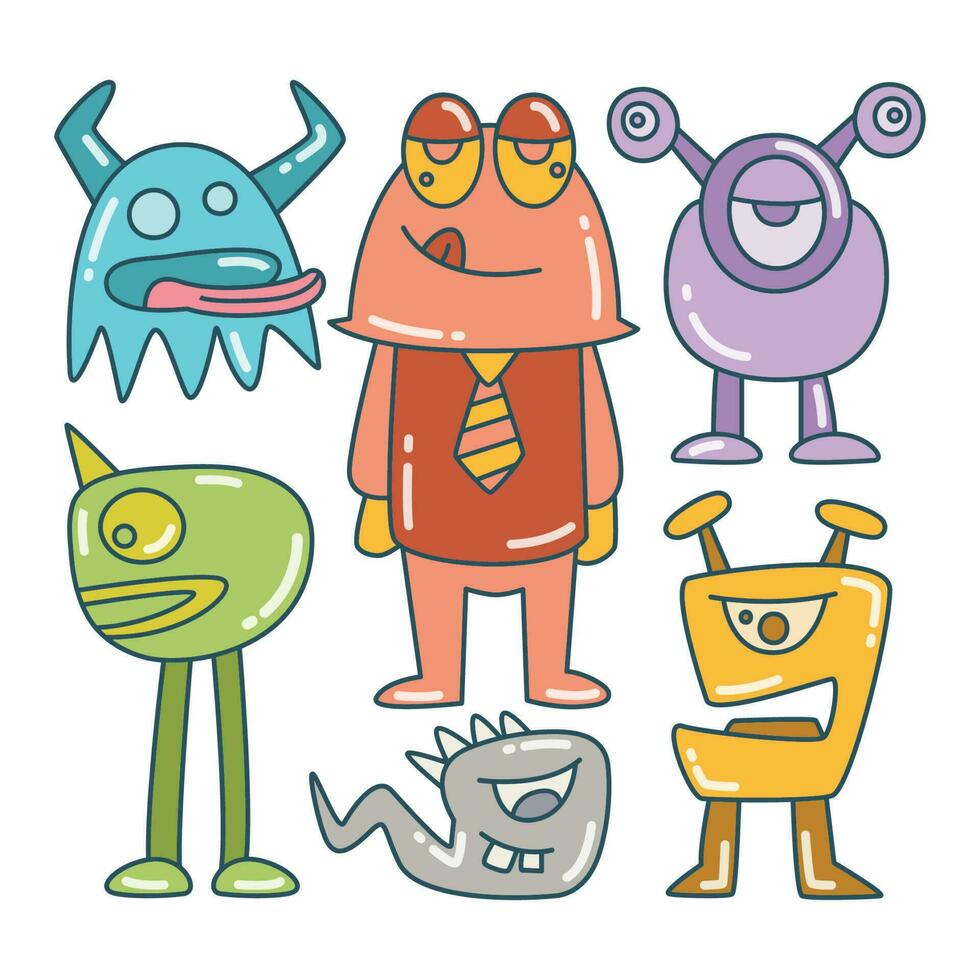 cute and funny doodle monster character color design theme vector